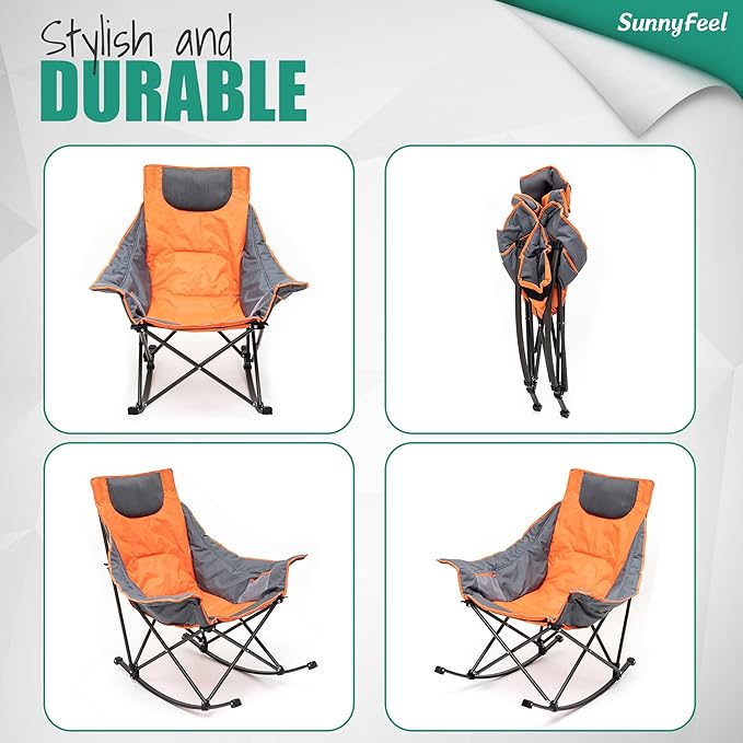 SUNNYFEEL Oversized Heated Rocking Camping Chair 2 Pack Fully Padded Patio Chair with Side Pocket High Back Portable Lawn Recliner with Carry Bag Outdoor Rocker Chair for Adults Heavy Duty 500 LBS