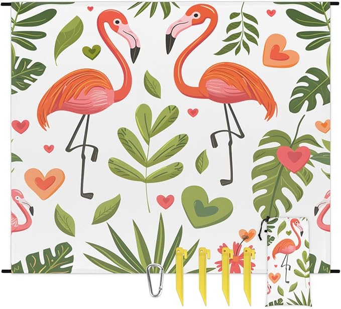 Waterproof Sandproof Beach Blanket 59''×68'' Animal Polyester Outdoor Picnic Blanket with 4 Stakes &amp Storage Bag for BeachCampingVacation Flamingo