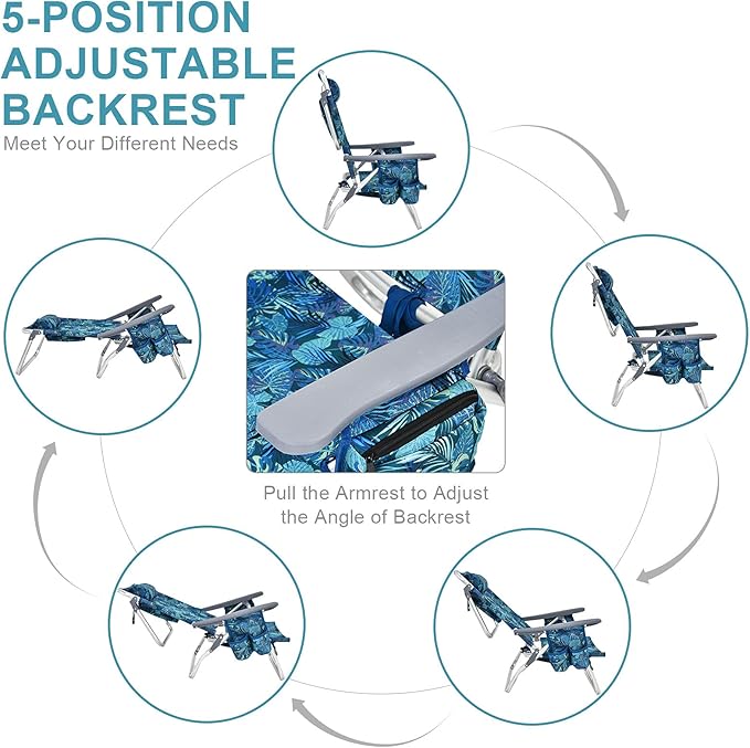 COSTWAY Backpack Beach Chairs Set 3-Piece Portable Camping Chairs with Cup Holder Ice Bag 5-Position Outdoor Reclining Chairs for Adults Travel Sunbathing Support 300 LBS Navy