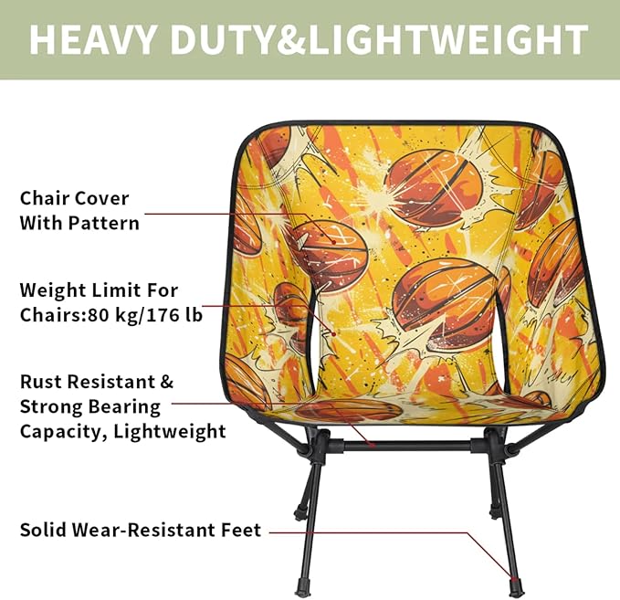 Honeybaby Folding Camping Chair Basketballs Themed Camping Chairs Lightweight Portable Chair Outdoor Foldable Chairs for Camping Travel Picnic Beach Hiking