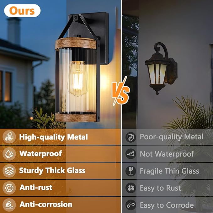 2-Pack Outdoor Light Fixtures Waterproof Modern Exterior Wall Lantern Porch Lights Black Wall Sconce with Clear Ribbed Glass Outside Light with Wood Texture for House Bulbs Not Included