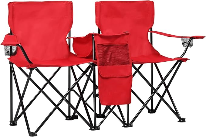 Double Folding Camping Chair W/Umbrella Fold Up Table Beverage Holder Carrying Bag Cooler for Patio Pool Park Outdoor Beach Picnic Portable (Red)