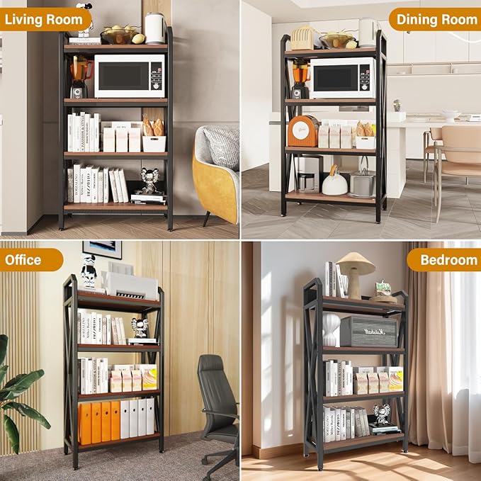 4-Tier Bakers Rack 56 Kitchen Storage Shelf Metal &amp Wood Open Shelving Unit for Pantry Garage Bathroom Living Room - Adjustable Freestanding Organizer Black Brown