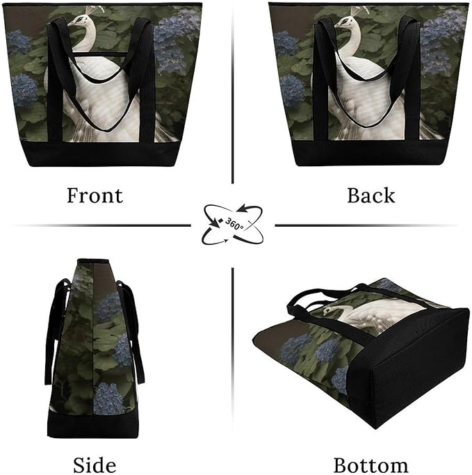 Insulated Shopping BagLarge Reusable Cooler Bags White Peacock Printed Foldable Shopping BagTravel Waterproof Shoulder Bag