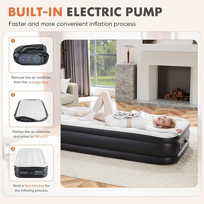 22 Inflatable Air Mattress with Built-in Pump Double Height Non-Slip 660lb Capacity - Queen Size