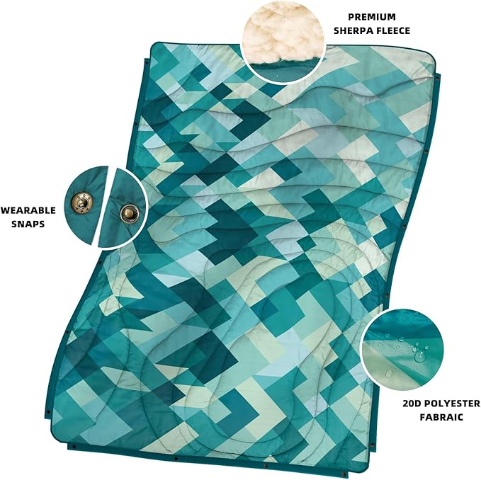 Outdoor Camping Blanket with Sherpa Lining Extra Warm Thick Camp Blankets and Puffy Ultralight Soft Poncho DWR Camping Quilt for Cold Weather Adventure Sleeping Backpacking 56x 40