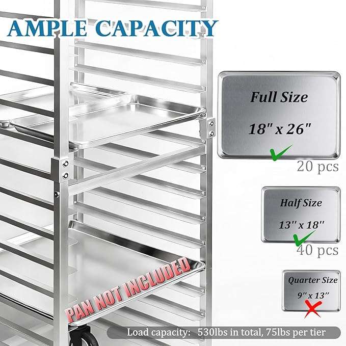 20-Tier Half &amp Full Sheet Bun Pan Rack - Bread Bakers Rack for Commercial Kitchen Rolling Baking Cart with Brake Wheels 26 L x 20.3 W x 68.3 H