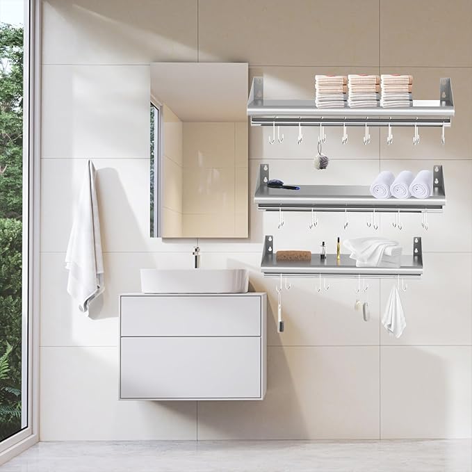 Skyflame 12 x 36 Wall Shelf with 6 Hanging Hooks for Storage Stainless Steel Commercial Shelving with Side Guards for Bar Utility Room Kitchen Garage