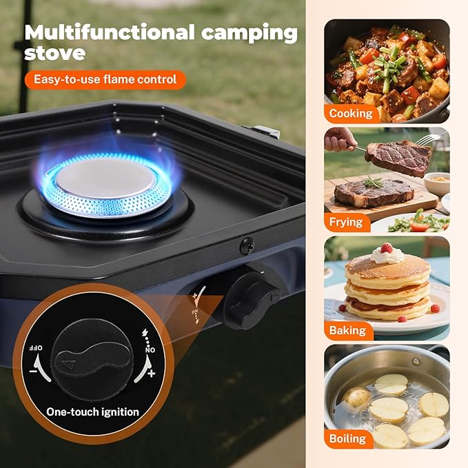 2 Burner Propane Camping Stove With GrillPortable Foldable Camp Stove With 17000BTU Two Piezo Ignition Adjustable Windproof Burners forCamping Grilling Tailgating &amp More (Blue)