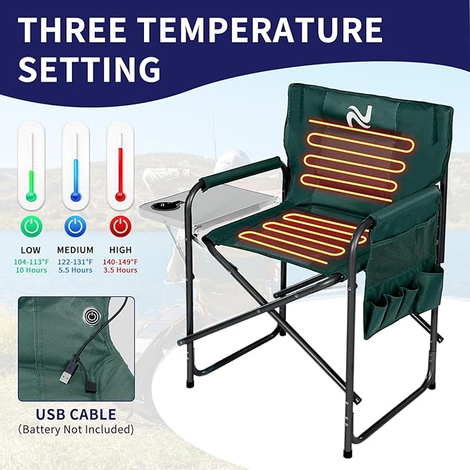 Slsy Heated Director Chair Portable Heated Camping Chair with 3 Heat Levels Heavy-Duty Outdoor Chair for Lawn Outdoor Picnic Lounge Patio