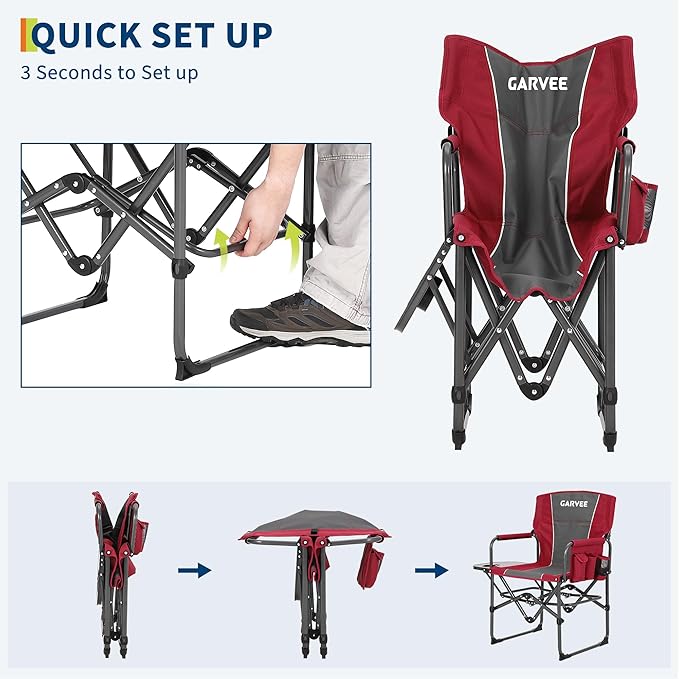 Garvee Oversized Directors Chair Portable Folding Camping Chair for Adults Support 400 lbs Heavy Duty Lawn Chair with Side Table for Camping Sports Picnic Beach Fishing (Red 2 PC)