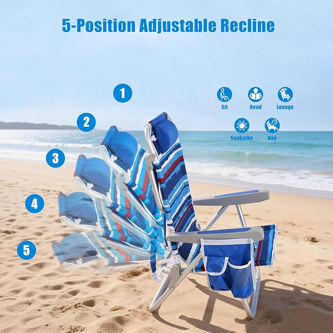 SUNNYFEEL Beach Chairs for Adults 2 Pack 5 Position Lay Flat Portable Folding Backpack Beach Chair Heavy Duty with Cooler Bag Cup Holder for Outdoor/Lawn/Picnic Foldable Camping Chair