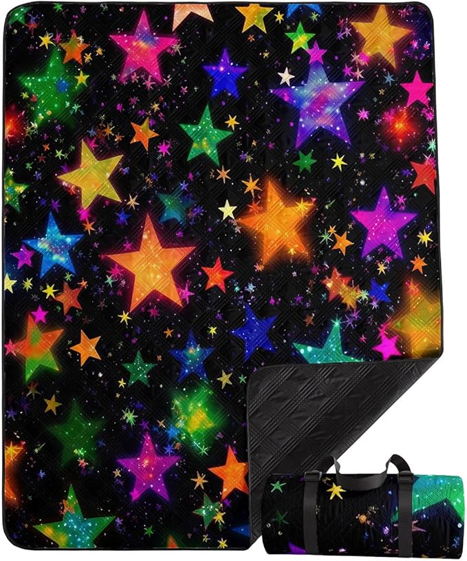 Outdoor Picnic Blanket Portable Ultrasonic Waterproof Picnic Cartoon Stars Colorful Printed Camping Beach Mat for Sand and Wet Grass Hiking (Colorful Stars-2 L