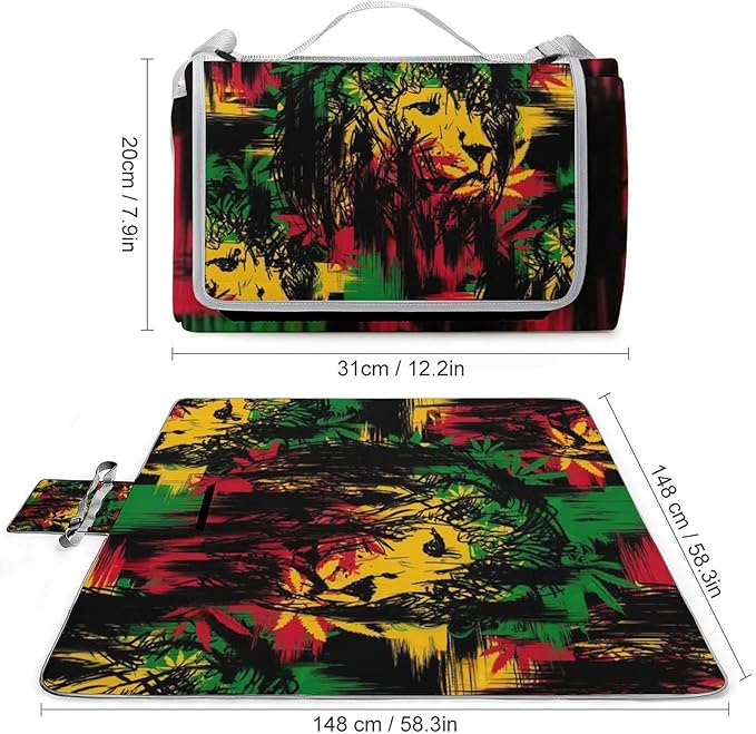 Lion of Judah Rasta Reggae Art Waterproof Outdoor Picnic Blanket Sandproof Beach Mat for Camping Hiking Grass Travelling
