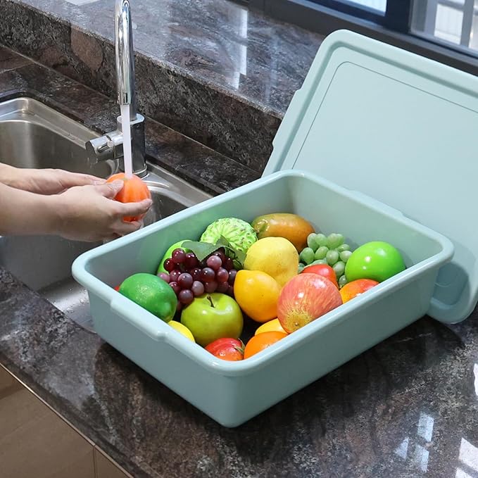 3 Pack Restaurant Bus Tub with Lid 13 L Plastic Utility Bus Box Mint Green