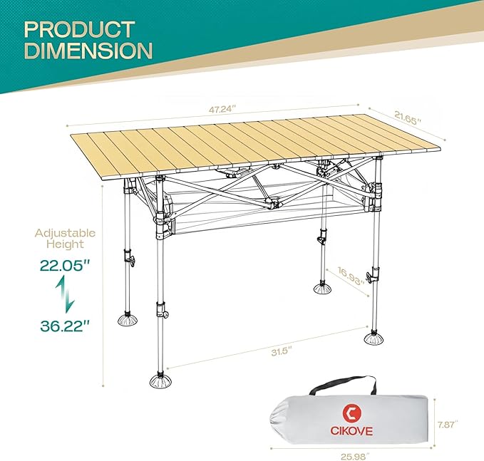 Height Adjustable Camping Table Tall Large Outdoor Folding Camping Table with Wide-Base Anti-Sink Legs &amp Carry Bag for Camping BBQ Beach Backyard (Beige)