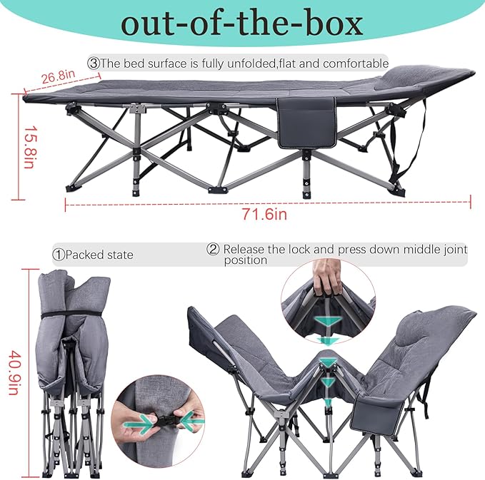 KAKO Folding Camping Cot Heavy Duty 600 Lbs Portable Bed for Adults Camping Beds with Carry Bag Grey