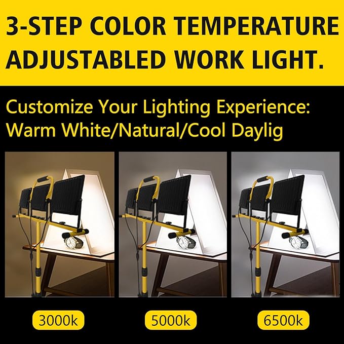 32000LM LED Work Light with Tripod 3x100W 3-Head Floodlight Plug-in 120V 3 CCT 3000K/5000K/6500K 360° Adjustable IP66 43.7-65.4 in 16.4 ft Cord Portable Telescoping Stand for Jobsite/Workshop