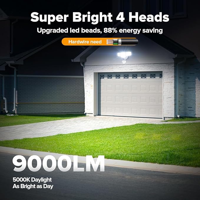 LUTEC 80W 9000LM LED Security Light Hardwire Motion Sensor Outdoor Lights 4 Head LED Flood Lights Outdoor 5000K Daylight IP65 Waterproof Motion Detected Lights for Outside Garage Yard (White)
