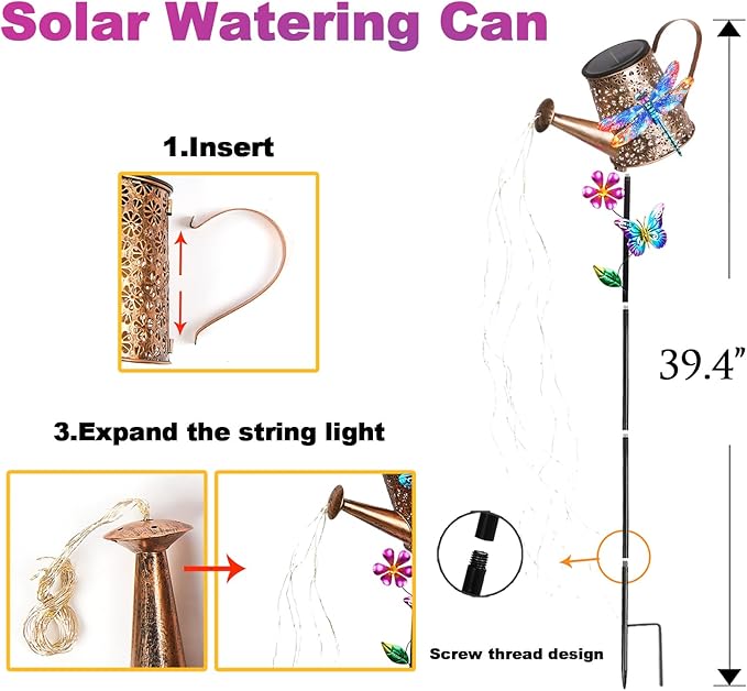 Solar Watering Can with Lights Outdoor Garden 41in Large Dragonfly Garden Stake Lights Waterproof Decoration for Yard Lawn Pathway Gifts for Mom Grandma Women Birthday Gardening Gift