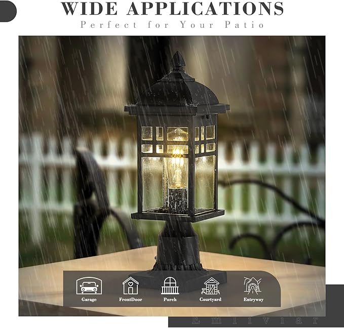 Emliviar Farmhouse Outdoor Post Light 16 Exterior Post Lamp for Patio Porch with Seeded Glass Black Finish DE279P BK