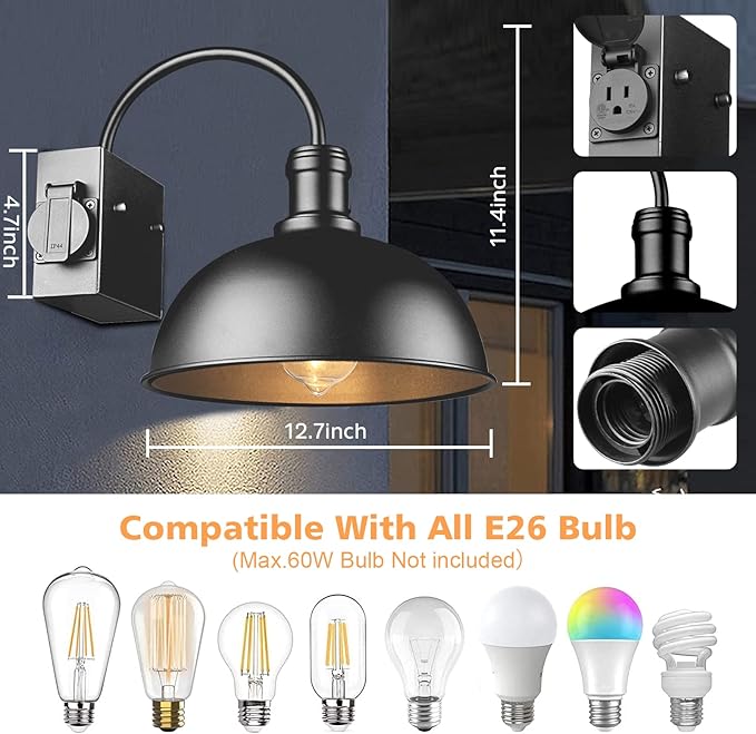 2-Pack Outdoor Wall Sconces Exterior Farmhouse Gooseneck Barn Light Vintage Matte Black Outside Wall Lighting Fixture Anti-Rust Waterproof Outdoor Light for House Porch Garage Entryway