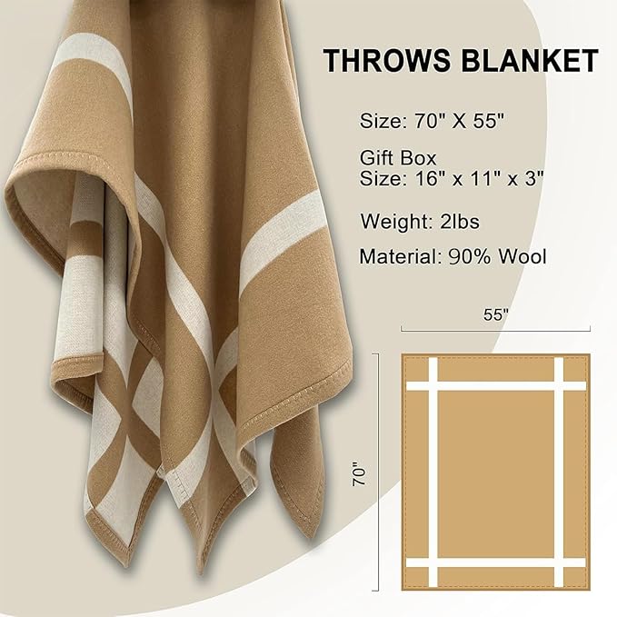 Wool Blanket &amp Throws 90% Wool Warm Blanket Soft Couch Blankets 75x55 Twin Throw Blankets for Living Room Camping Outdoors or Car Travel with Exquisite Box for Gift (Camel)