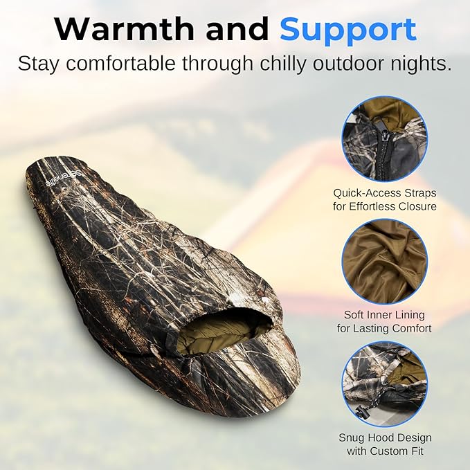 SereneLife Backpacking Sleeping Bag Camping Gear Mummy Sleeping Bag For Adults/Teens w/ Pillow and Bag - Outdoor Lightweight Weather Proof Sleeping Bag for Camping Hiking Traveling Real Tree