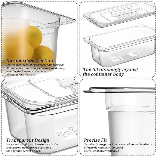 6 Pack Plastic Restaurant Containers with Lids 1/3 Size 4 Inch Deep Commercial Food Storage Containers Stackable Clear Food Pans for Kitchen Restaurant Cafeteria Foods Prep 3.77qt/ 3.57L