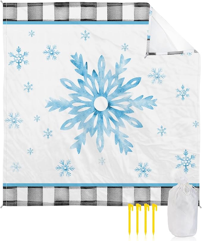 Beach Blanket Waterproof Sandproof OversizedBlue Snowflake Merry Christmas Beach Mat with Corner Stakes Sand PocketsWinter Snow Checker Outdoor Picnic Mat for Travel Camping Hiking 95x80In