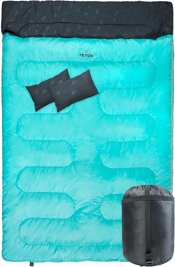 Teton Mammoth Queen Size Double Sleeping Bag- A Warm Bag The Whole Family can Enjoy – Great for Camping Hunting and Base Camp. Compression Sack Included 40F Teal