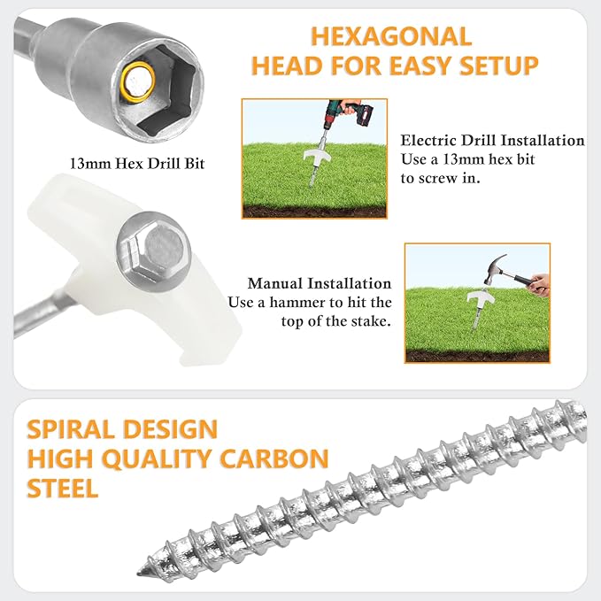 10 Pcs 8 Heavy Duty Drill Tent Stakes with Storage Bag Glow-in-The-Dark Ground Anchor Peg Metal Threaded Screw-in Tent Stake for Camping Swing Canopies with 1 Hex Nut Driver Peg Puller