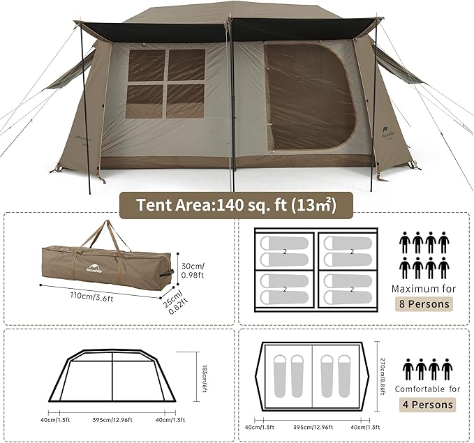 Naturehike Village Instant Tent 4 Person 8 Person Camping Tent with Full Rainfly Waterproof Large Cabin Tents for Car Camping
