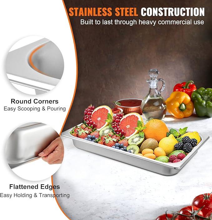 VEVOR Hotel Pans Full Size 2.5 Inch Deep Steam Table Pans 6 Pack0.8mm Thick Stainless Steel Hotel Pan Anti Jam Steam Table Pan for Home Party Restaurant Hotel Buffet