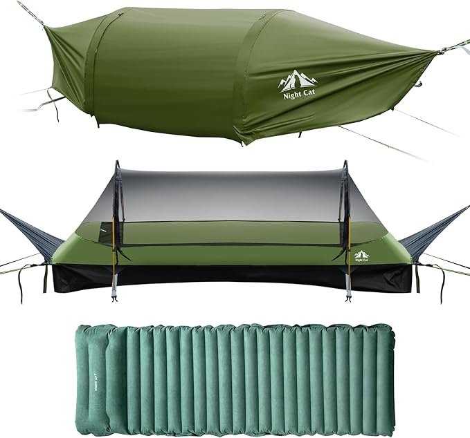 Night Cat Flat Lay Hammock Tent with Mosquito Net Waterproof Rainfly for 1 Person Backpacking Hiking Camping Lightweight 330LBS 87x28x19in
