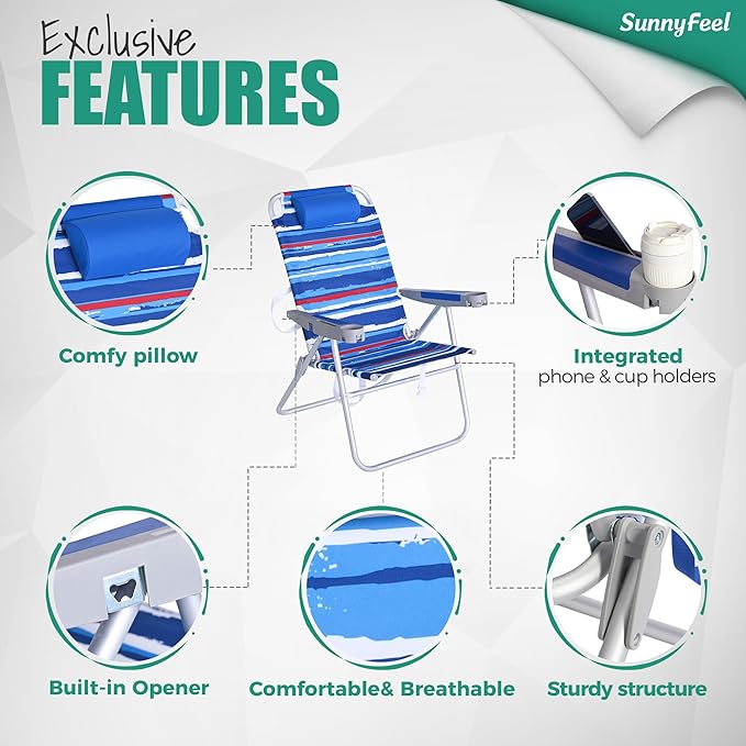 SUNNYFEEL Tall Folding Beach Chair Lightweight Portable Sand Chair for Adults Heavy Duty 500 LBS with Cup Holders Foldable High Camping Lawn Chairs for Camp/Outdoor/Picnic/Concert/Sports