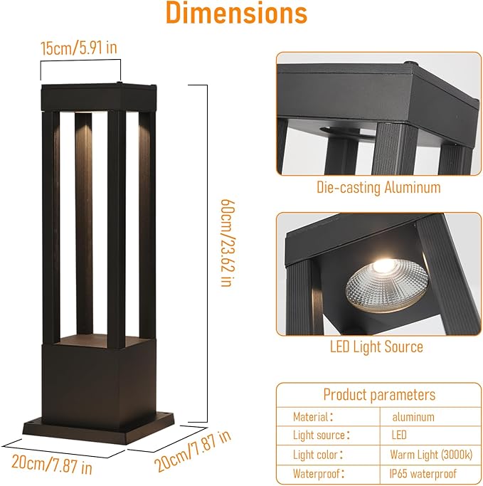 SLAWA Outdoor LED Post Light 23.62 Black Square Exterior Lawn Path Lights with 3000K Warm Light Aluminum Landscape IP65 Waterproof Lantern Column Lamp Patio Courtyard Walkway Garden Bollard Lighting