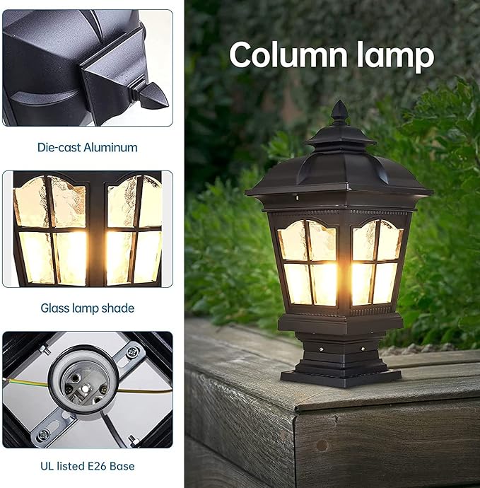 Outdoor Column Lights Waterproof Post Lights Fixture Aluminium Glass Modern Pillar ations for Patio Villa Garden Fence E26 Black