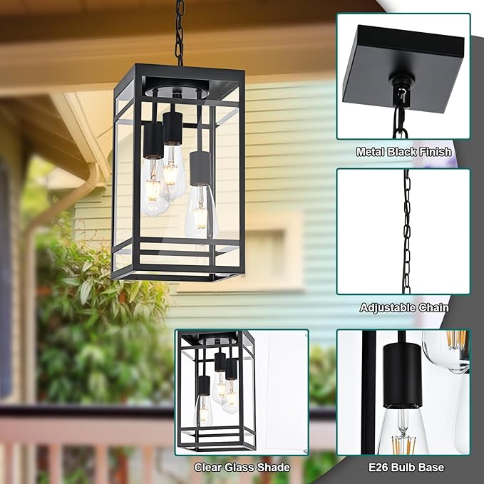 Large Outdoor Pendant Light for Porch Black 3 Lights Outdoor Pendant Light Fixtures Modern Hanging Light Fixture Exterior Chandelier Hanging Lantern for PatioFront Door