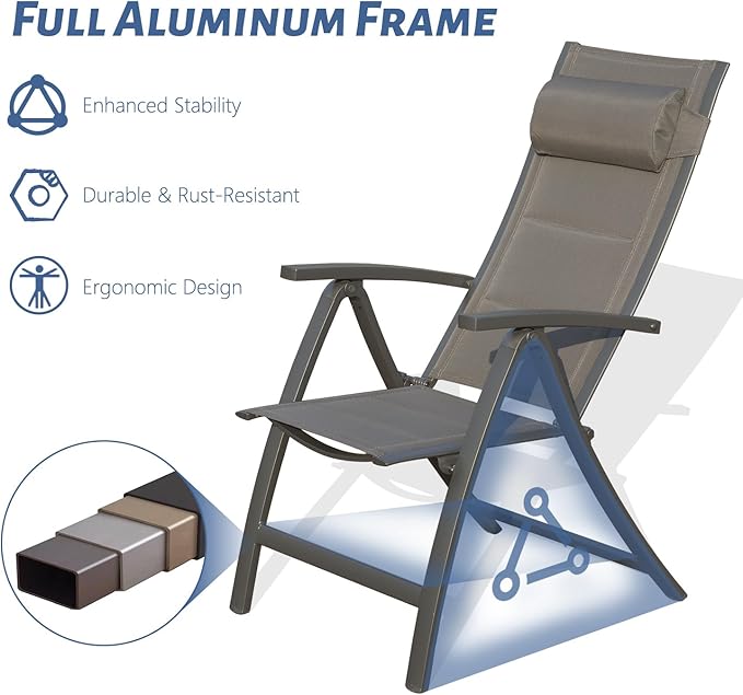 Domi Patio Outdoor Sling Chairs Set of 2 with Moveable Headrest Folding Chairs Outdoor Reclining Camping Chairs with Armrest Adjustable High Backrest and Padded Textilene Fabric Seat
