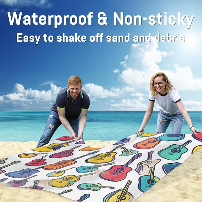 Waterproof Sandproof Beach Blanket 59''×68'' Colored Guitar Polyester Outdoor Picnic Blanket with 4 Stakes &amp Storage Bag for BeachCampingVacation White