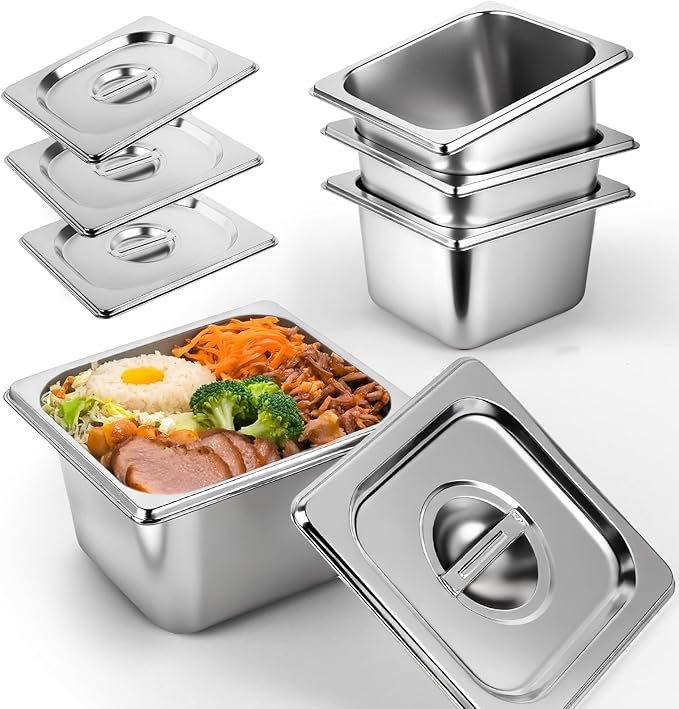 West Bay 4 Pack 1/6 Size Hotel Pan with Lids 4'' Deep Steam Table Pan with Lid 7''L x 6.5''W Stainless Steel Pans for Home Party Hotel Buffet