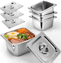 West Bay 4 Pack 1/6 Size Hotel Pan with Lids 4'' Deep Steam Table Pan with Lid 7''L x 6.5''W Stainless Steel Pans for Home Party Hotel Buffet