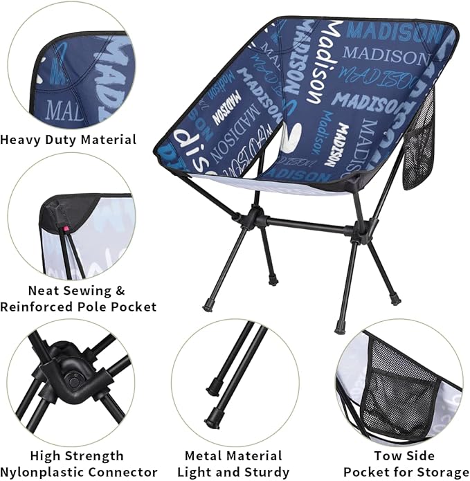 Custom Camping Chair Personalized Portable Backpacking Chair with Name Lightweight Folding Chair for Beach Hiking Blue