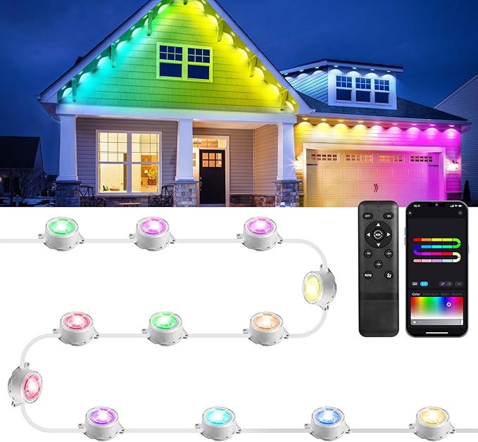 FVTLED 50FT Permanent Outdoor Lights for House Smart RGB+IC LED Eaves Lighting with APP/Remote Control IP67 Waterproof Outdoor String Light with 36 LED Lights for Garden Decor Deck Christmas