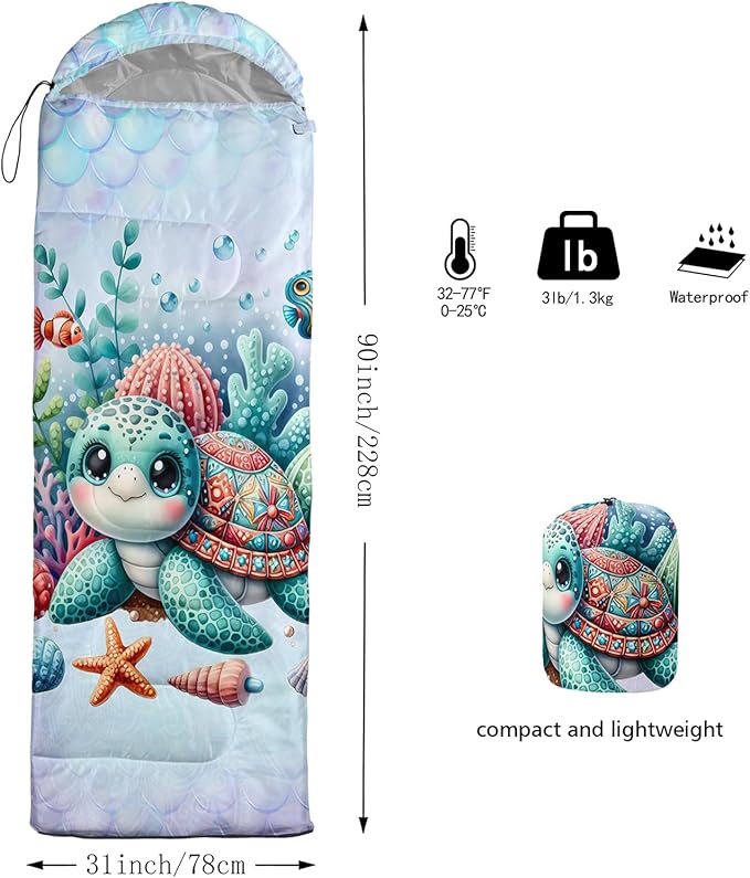 Ocean Themed Sea Turtle Sleeping Bag for Kids Boys GirlsLightweight Warm Cold Weather BackpackingWaterproof Compact Sleeping Bag with Compression Sack for Hiking Camping Outdoor.