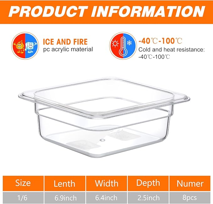 Nuenen 8 Pcs 1/6 Size 2.6 Inch Deep Food Storage Container Polycarbonate Plastic Clear Cold Pans for Kitchen Restaurant Food Prep 1 Quart
