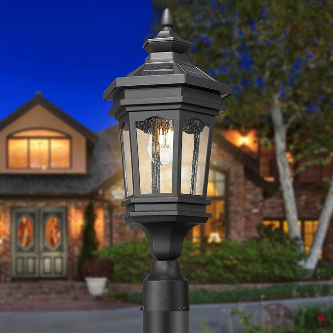 Darkaway Solar Post Lights Lamp Outdoor Pole Light Fixture Dusk to Dawn Aluminum Lamp Post with Remote Solar Pole Fence Deck Lighting for Huose Garden Patio Pathway