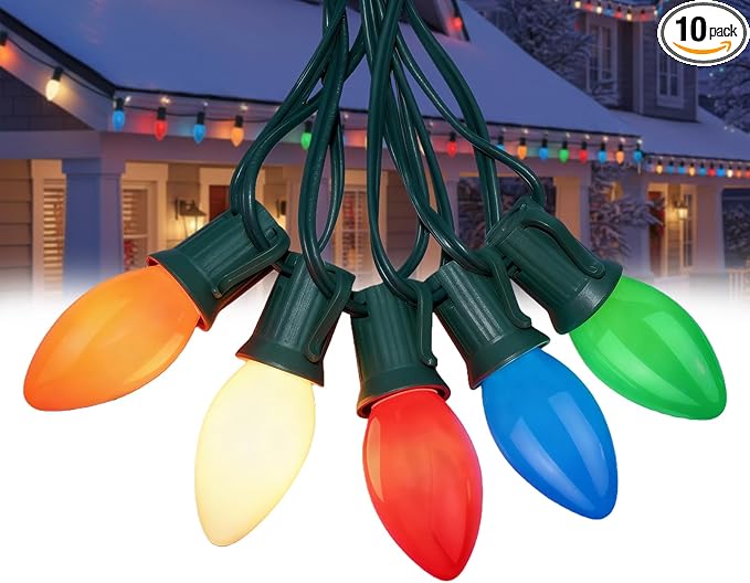 25Ft Outdoor Multicolor Ceramic Christmas String LightsC9 Vintage Opaque Christmas String Lights for Patio Garden Xmas Tree DecorationC9/ E17 Candelabra Base Green Wire