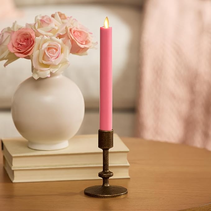 Luminara Flameless Candle Taper (1 x 9.5) Melted Top Real Wax Unscented Remote Ready Timer (Sweet Pink)